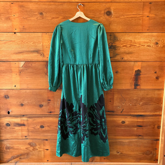 M - Nikasha Anthropologie NEW $260 Green Satin Embroidered Dress 0306CH