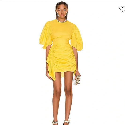 Rhode Bright Yellow Pia Puff Sleeve Ruched Dress - Size S - 0415AB