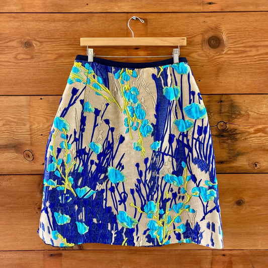 Odeeh Blue Beige Floral Jacquard Cloque Skirt - Size 42 / 10 US - 0721DK