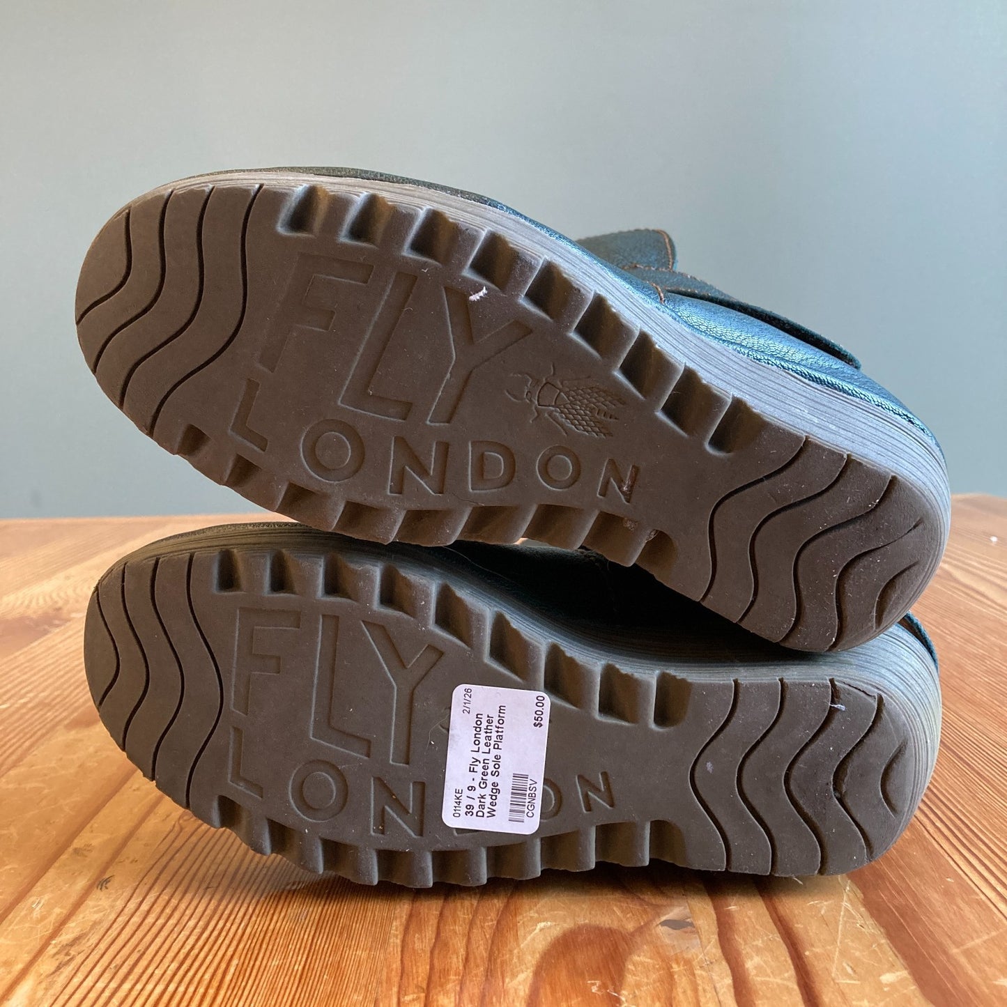 39 / 9 - Fly London Dark Green Leather Wedge Sole Platform Boots 0114KE