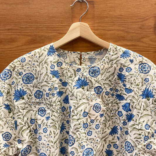 L - AISH Blue White Floral Print 100% Cotton Short Sleeve Top 0416JW