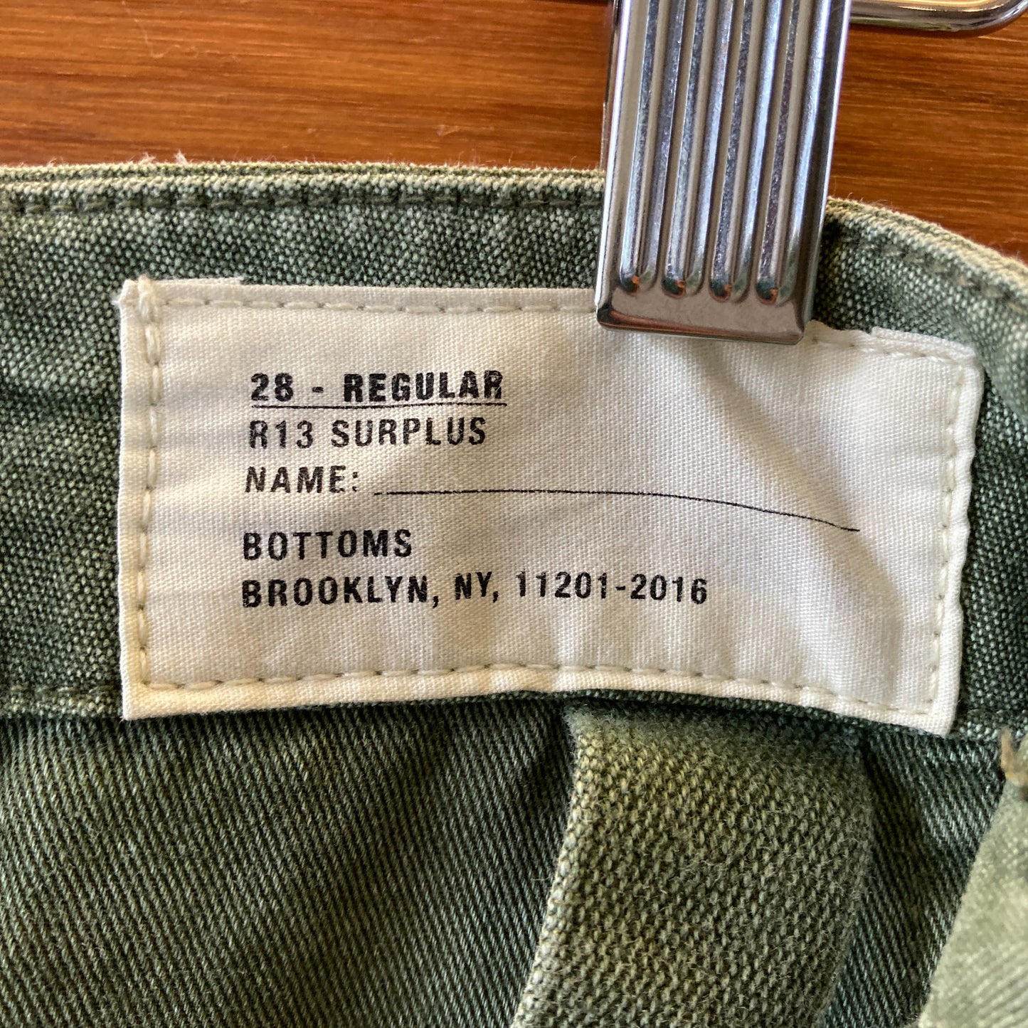 R13 Olive Green Wide Leg Cotton Cargo Pants - Size 28 - 0204MP