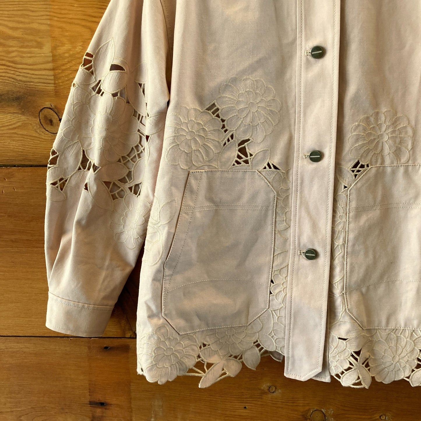 by Anthropologie Tan Embroidered Cutwork Barn Jacket - Size XXS - 0703SC