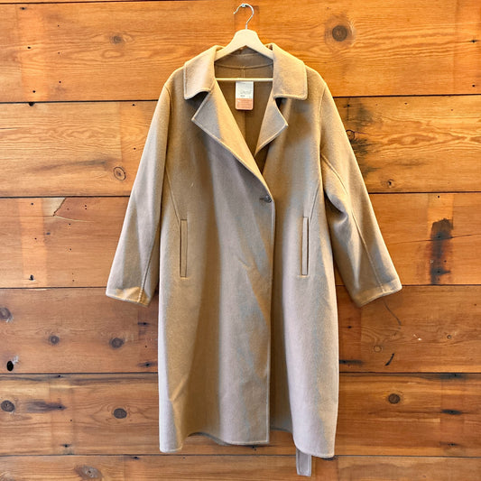 L - Uniqlo Camel Tan Wool Blend Tie Waist Belted Long Trench Jacket 0223LR
