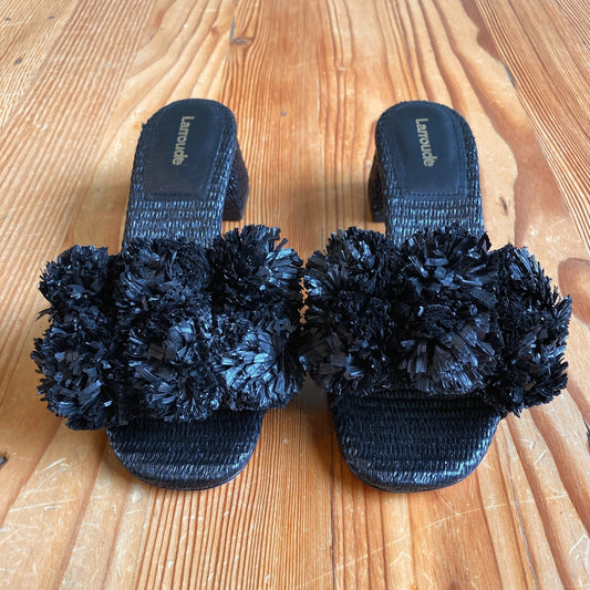 Larroude Black Raffia Brigitte Block Heel Mules Sandals - Size 6 - 0425GN