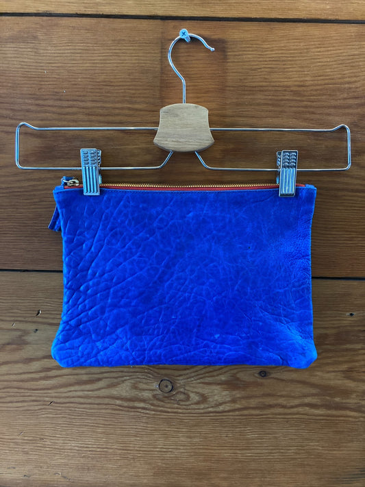 Clare V Electric Blue Textured Leather Red Zip Top Clutch Purse - 0425KN
