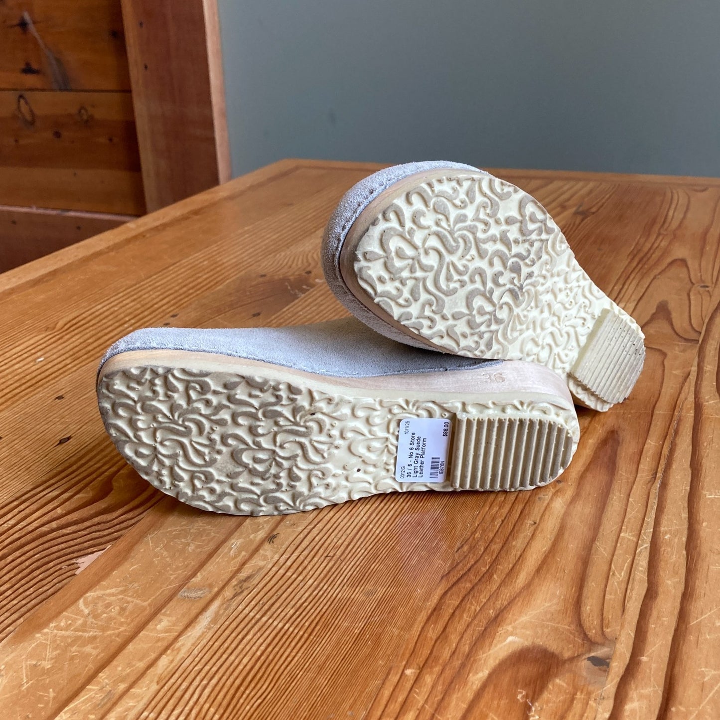 36 / 6 - No 6 Store Light Gray Suede Leather Platform Wooden Heel Clogs 0312IG