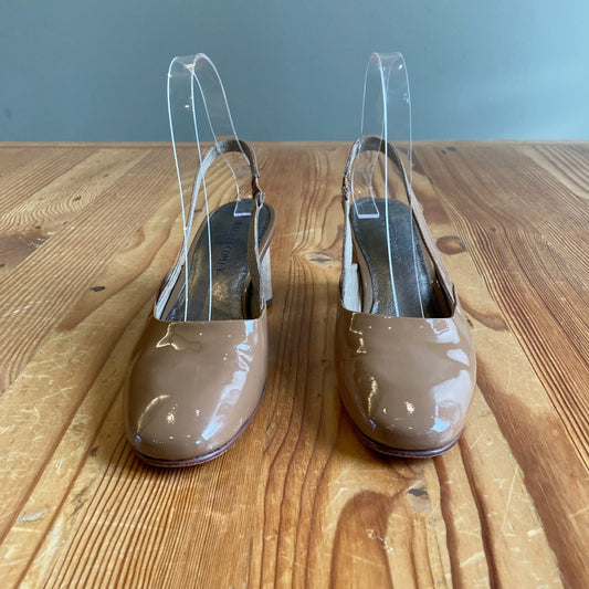 6.5 - Rachel Comey Brown Patent Leather Ray Slingback Wood Block Heels 0425KN