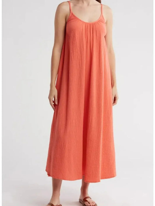 The Great. Coral Pink Gauze Cotton Midi Maxi Slip Dress - Size 1 / S - 0531AF