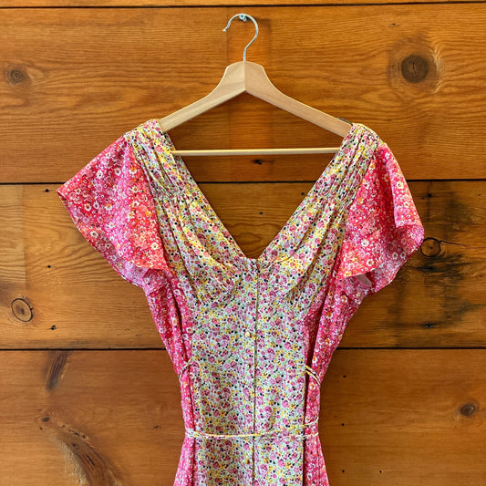 6 - Cinq a Sept Pink Floral Print Button Front Flutter Sleeve Dress 1203TR
