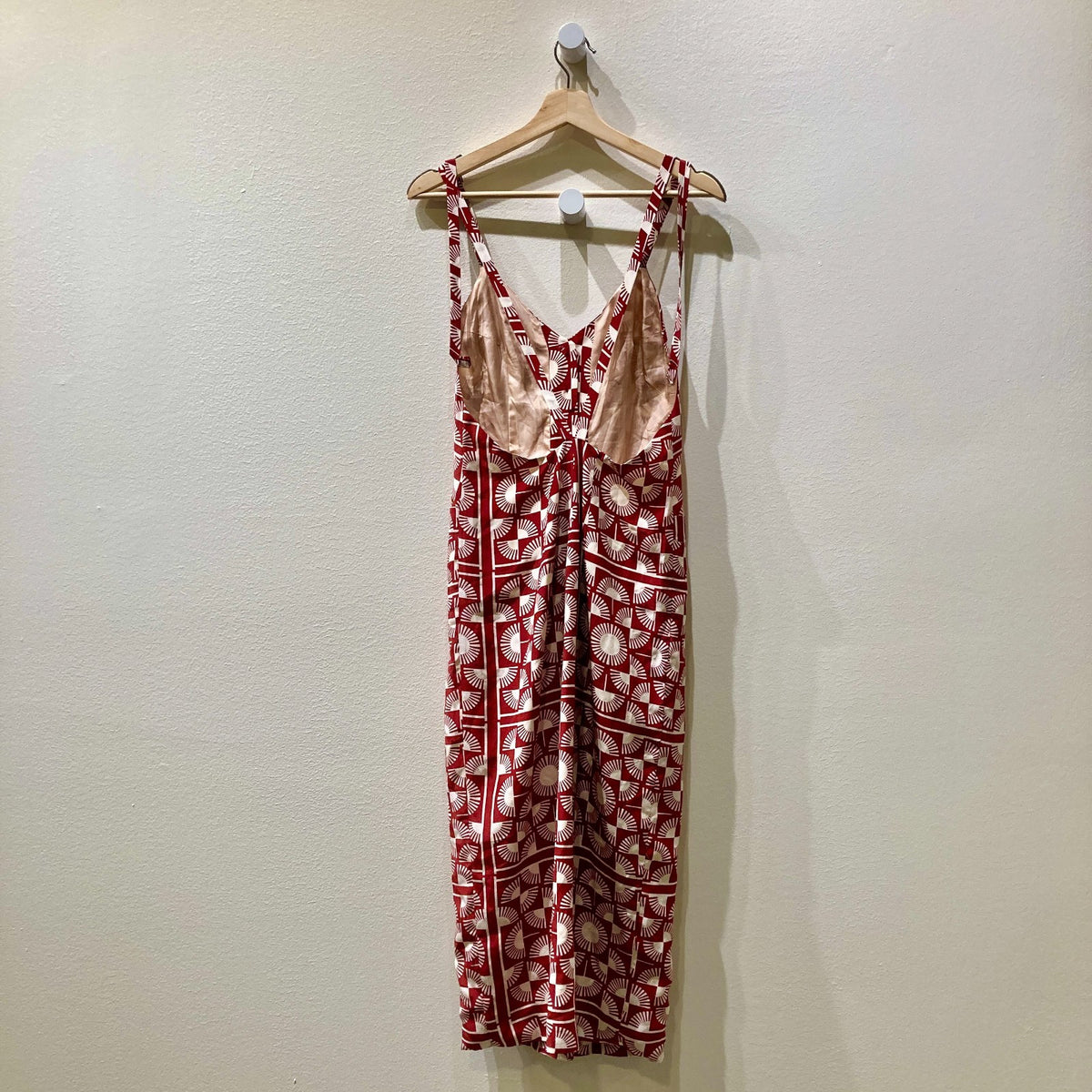 Stone Cold Fox Red White Scarf Print Silk Midi Dress - Size 1 / XS - 0312IG