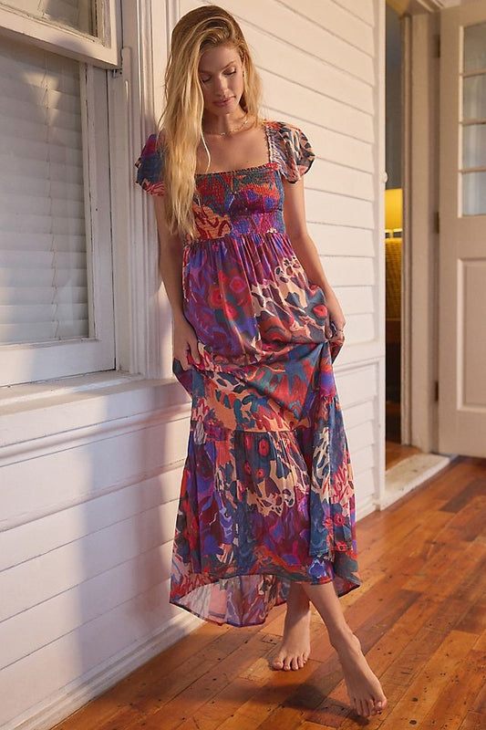 M - Michelle Morin Anthropologie Multi-Color Printed Smocked Maxi Dress 0707AC