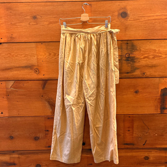 M - Black Crane Tan 100% Linen Tie Front Wide Leg Womens Pants 0416JW