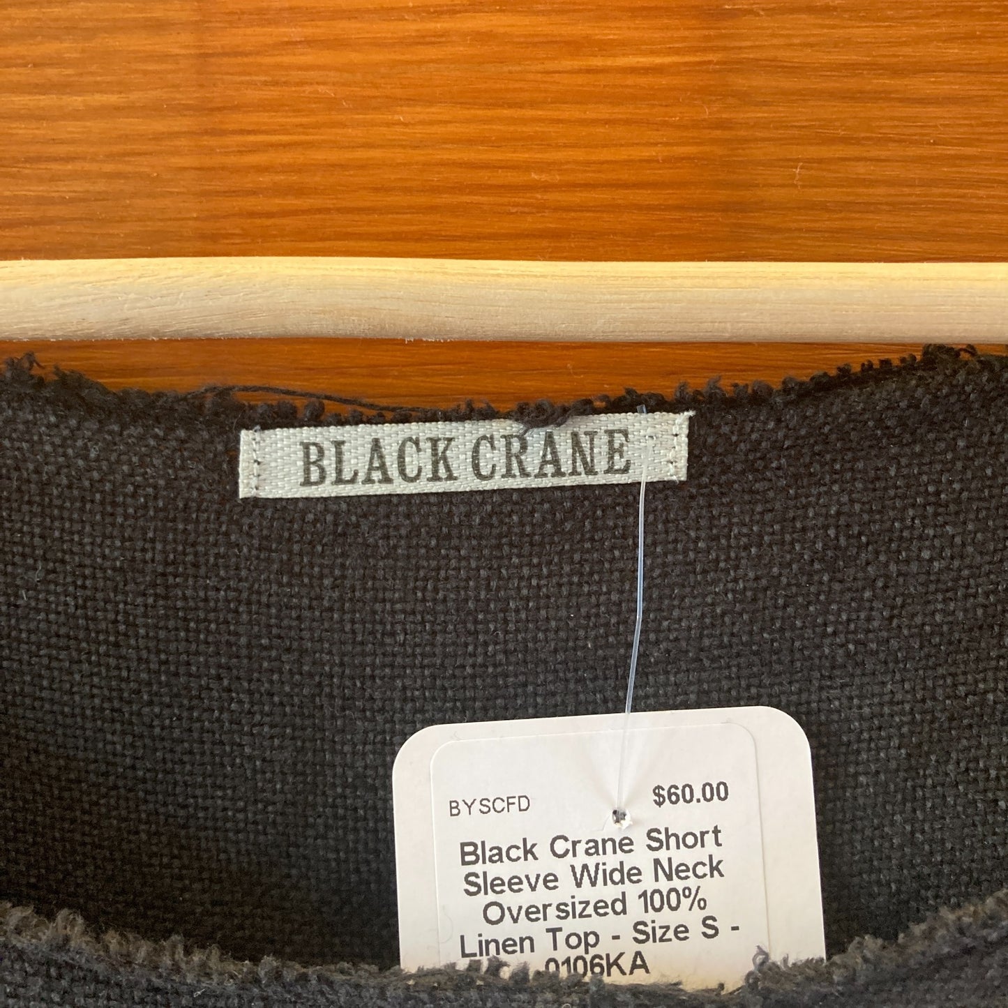 Black Crane Short Sleeve Wide Neck Oversized 100% Linen Top - Size S - 0106KA