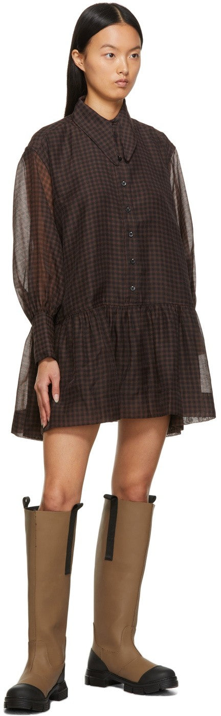 Ganni $325 Brown & Black GIngham Organza Mini Dress - Size XS - 0121LC