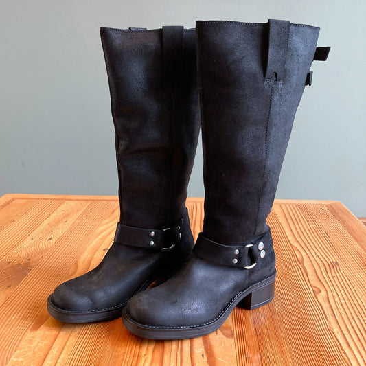 40 / 9-9.5 - by Anthropologie $260 Black Leather Knee High Moto Boots NEW 0114KE