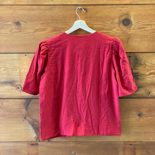 M - Maeve Anthropologie Red Short Puff Sleeve NEW $118 Shirt Blouse 0715DP