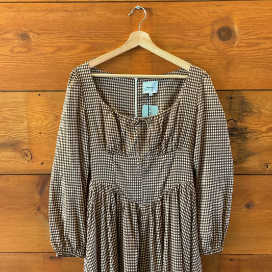 Reformation Brown Gingham NEW Long Sleeve Oria Midi Dress - Size 8 - 0607CC
