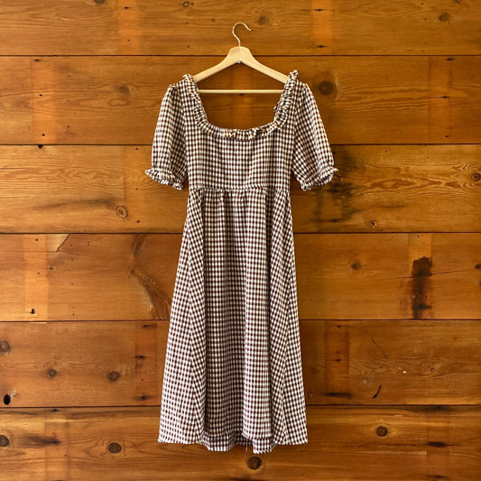 Atelette Brown Gingham ABIGHAILE Short Sleeve Button Up Dress - Size S - 0313SH