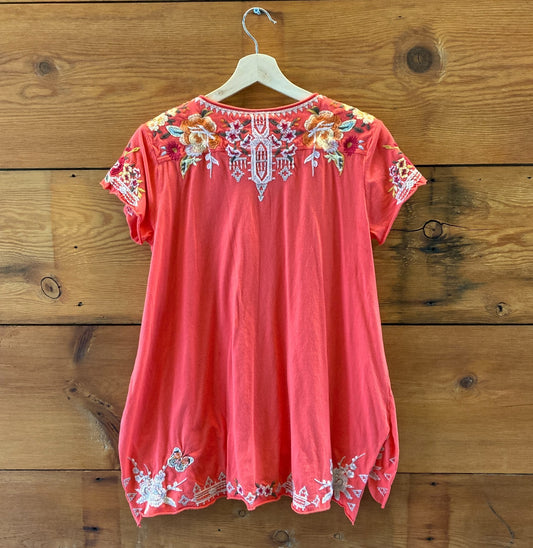Johnny Was JWLA Coral Pink Embroidered V-Neck Shirt - Size S - 0423MR