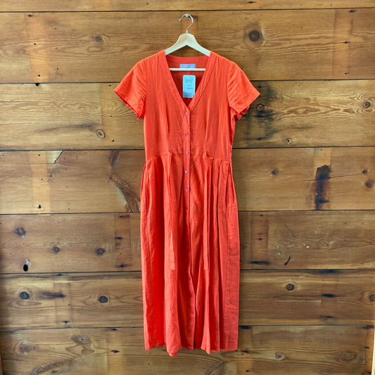 Liz Allig Poppy Red Orange Linen Midi Button Up Dress - Size S - 0607MK