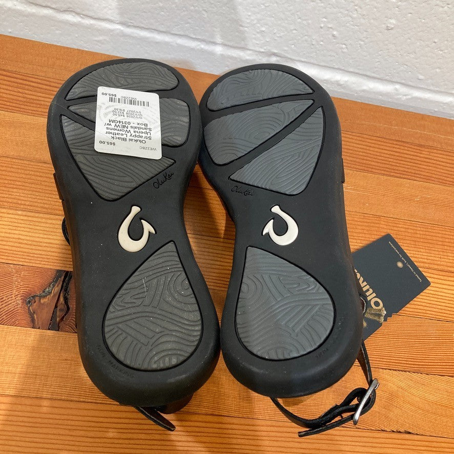 Olukai Black Strappy Leather Upena Womens Sandals NEW w/ Box - 0314GM