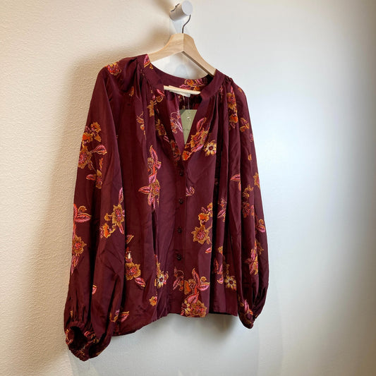 Vanessa Bruno Burgundy Floral Silk Button Up Poof Sleeve Top - Size S - 0927EK