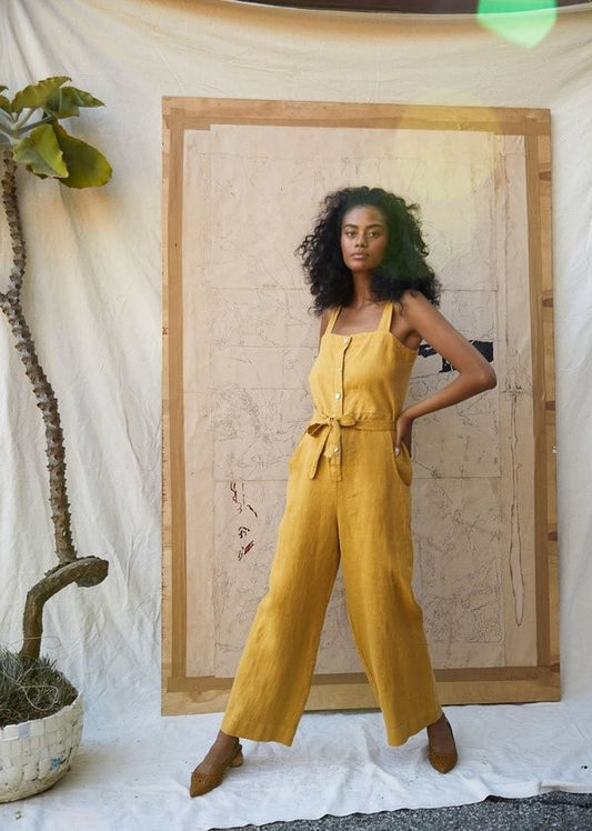 S - Sugar Candy Mountain $280 Mustard Linen Sleeveless Orchid Jumpsuit 0312IG
