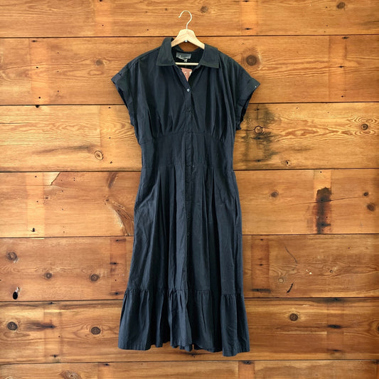 L - by Anthropologie Black NEW $178 Button Front Short Sleeve Midi Dress 0416JW