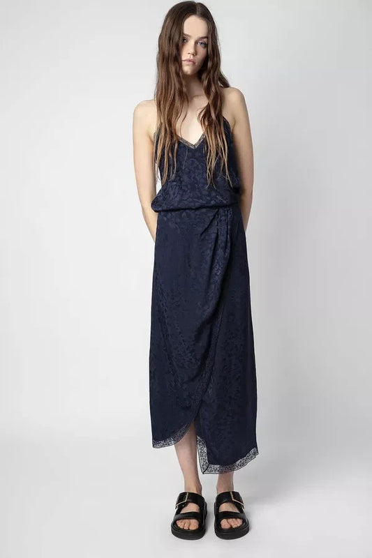 Zadig & Voltaire Navy Blue Silk Jacquard Rixi Slip Dress - Size L - NEW - 0417DL