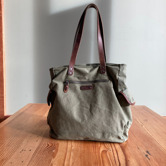 TSD Brand Olive Green Valley and Sky Canvas & Leather Tote Bag 0312IG