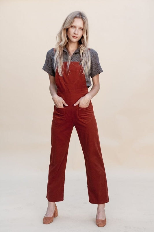 XS - Lykke Wullf Red Corduroy Bib Corduroy Dusty Straight Crop Overalls 0312IG