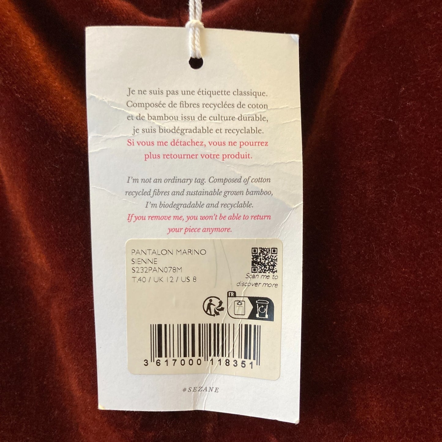 40 / 8 US - Sezane $180 Sienna Brown Velvet Wide Leg Trouser Pants NEW 1022SW
