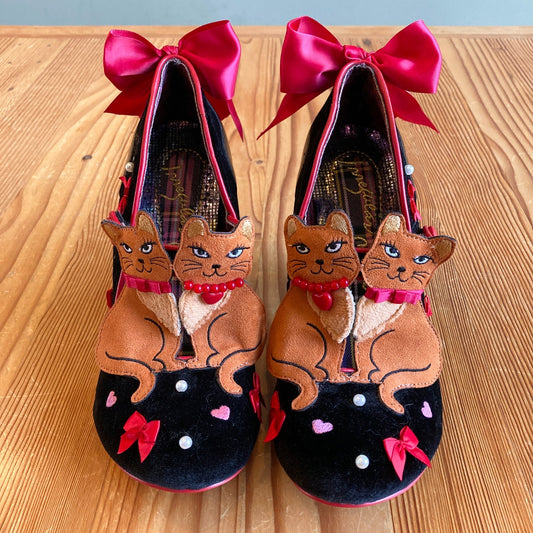 10 / 41 - Irregular Choice Cat Shoes Black Velvet Red Bow Heels Pumps 0209CP