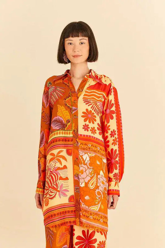 S - Farm Rio Silky Mixed Scarves Patterned Button Up Chemise Dress Tunic 0812LD