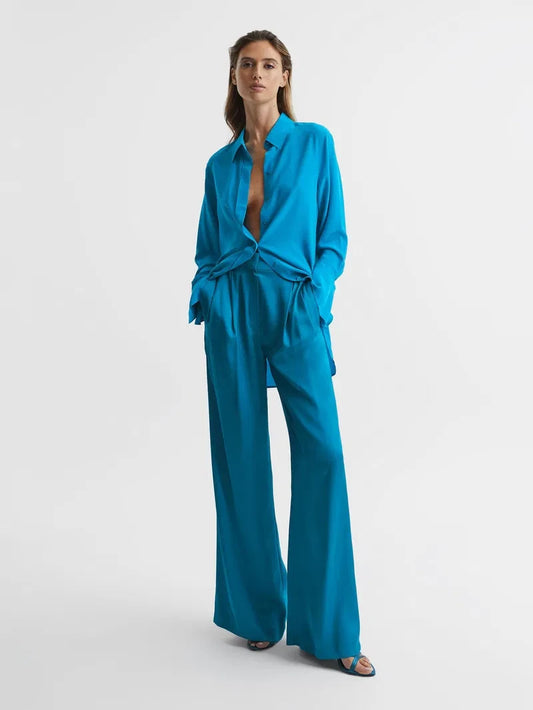 Reiss Cobalt Blue High Rise Silky Pleated Wide Leg Pants - Size 6 - 1122KP