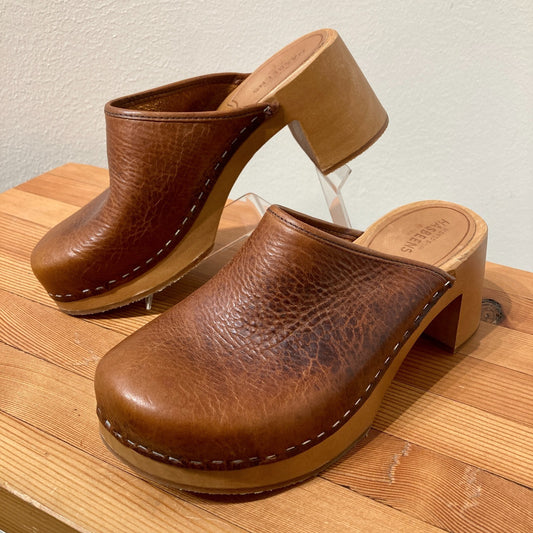 Swedish Hasbeens Brown Leather Wood Nature Clogs Shoes - Size 36 / 6 - 0312IG