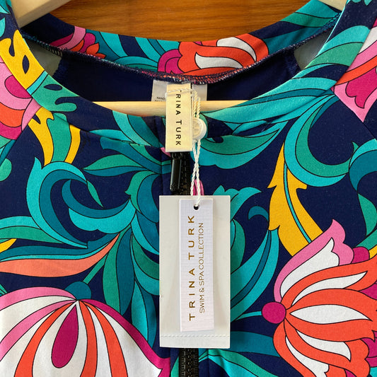 Trina Turk $172 India Garden Zip Front Rash Guard Swim Suit - Sz L NEW - 0106KA