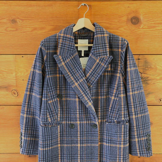M - Avec les Filles Anthropologie Blue Plaid Long Coat *missing button 0507AH