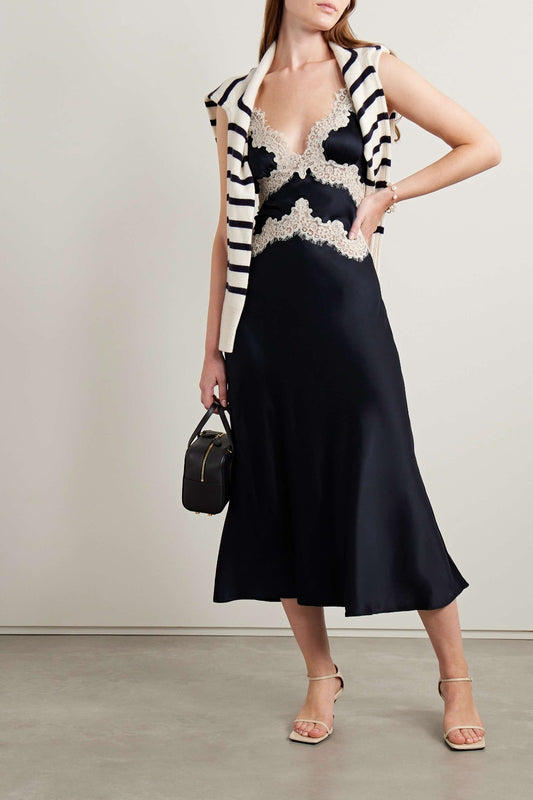 Doen $400 Black & White Corded Lace Obelia Silk Midi Dress - Size M - 1011SC