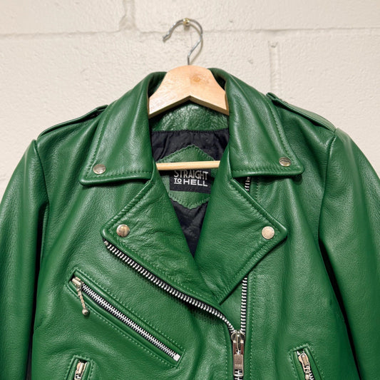 Straight To Hell Green Biker Motorcycle Leather Jacket - Size M - 0314GM