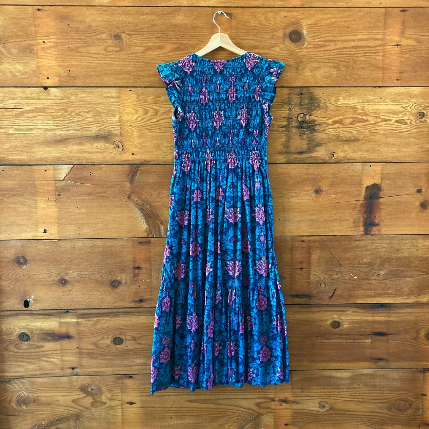 Anthropologie Teal Floral Print Smocked Peregrine Midi Dress - Size XS - 0528CD