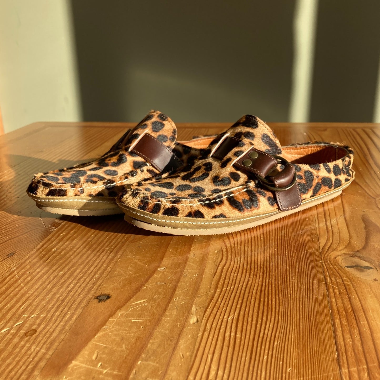 7.5 - Quoddy Leopard Print Pony Hair Ring Mule Moccasin Flats Shoes 0705PE