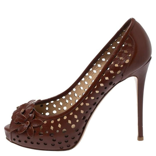 39.5/9.5 - Valentino Brown Leather Lasercut Peep Toe Stiletto Heels Shoes 0426CR