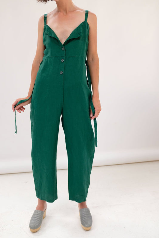 1 / S - Gravel & Gold $325 Basil Green Linen Twyla Jumpsuit Overalls 0312IG