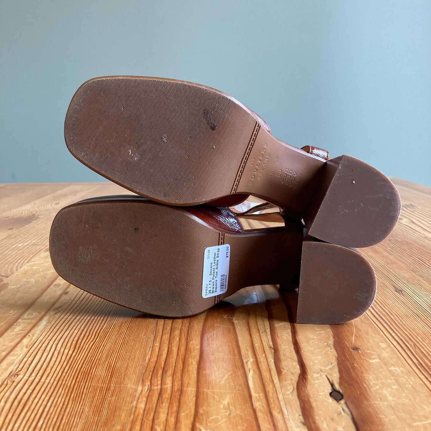 38 / 7.5 - Sezane Brown Patent Leather Square Toe Ankle Strap Heels 0415AU