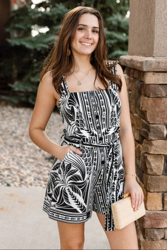 Farm Rio Black White Print NEW $190 Monochrome Elegance Romper - Size S - 0814JF