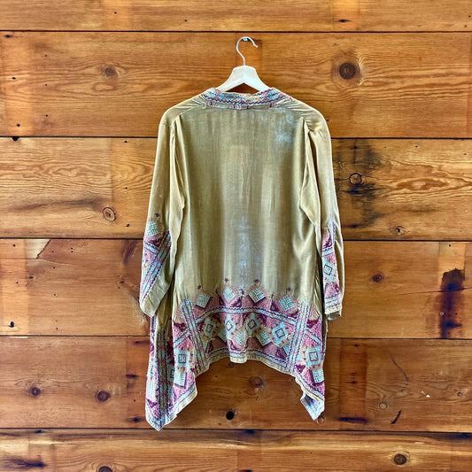 Johnny Was Tan Velvet Embroidered Kimono Cardigan Top - Size S - 0605DK