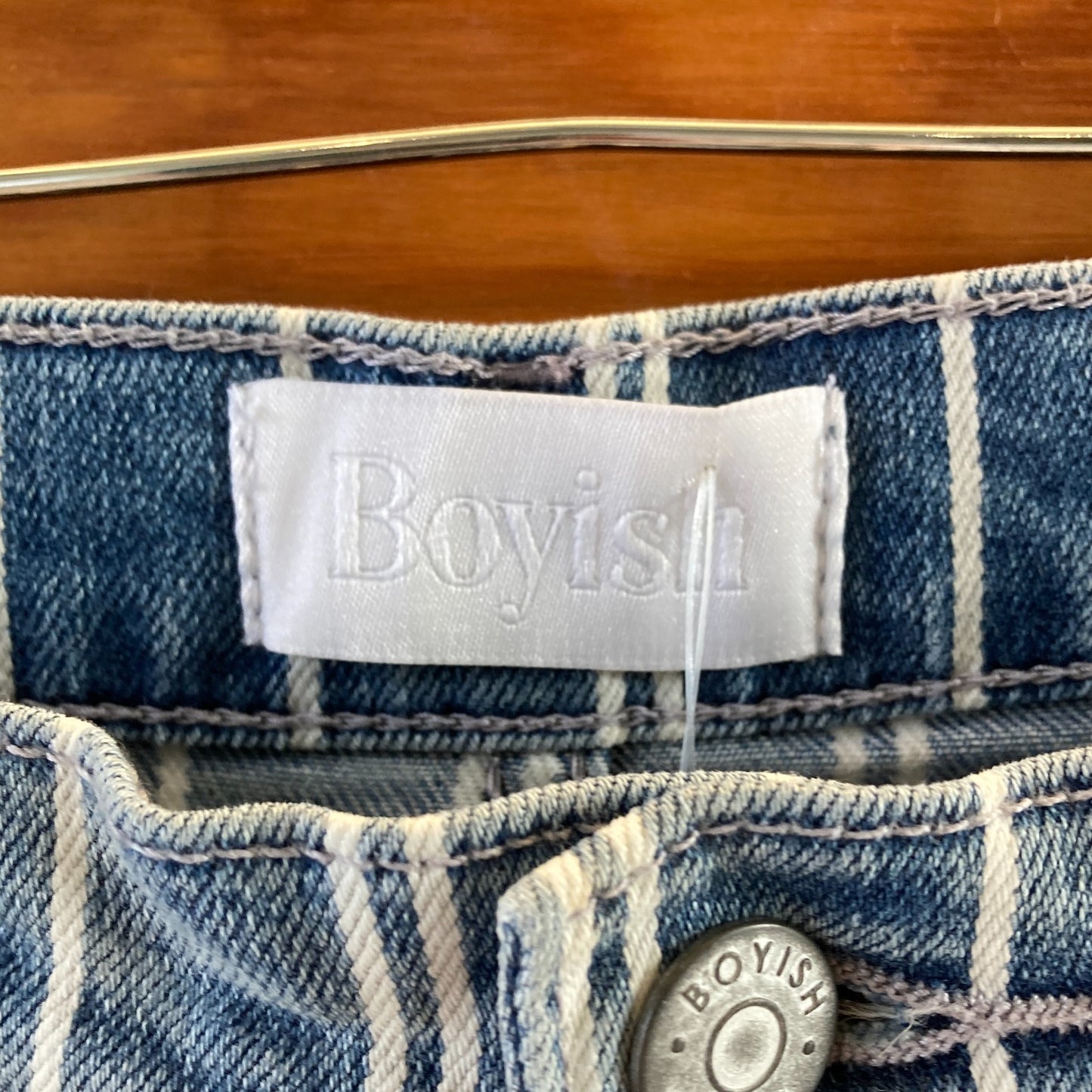 32 - Boyish $148 Anthropologie Blue Striped Denim Raw Hem Jeans NEW 1122CT