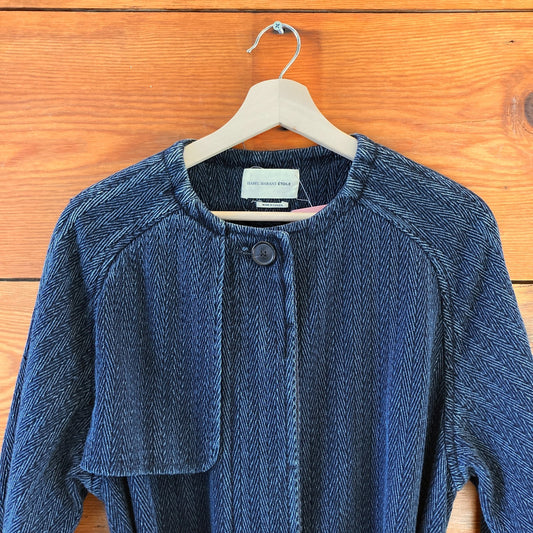 M - Isabel Marant Etoile Navy Herringbone Textured Tie Waist Long Jacket 0114RD